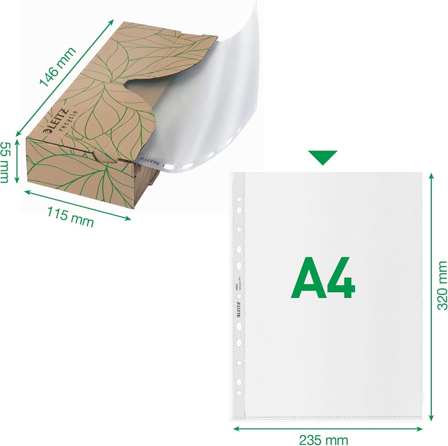 LEITZ Pochette perforée Recycle, A4, PP, grainé, 0,07 mm - Cartouchify