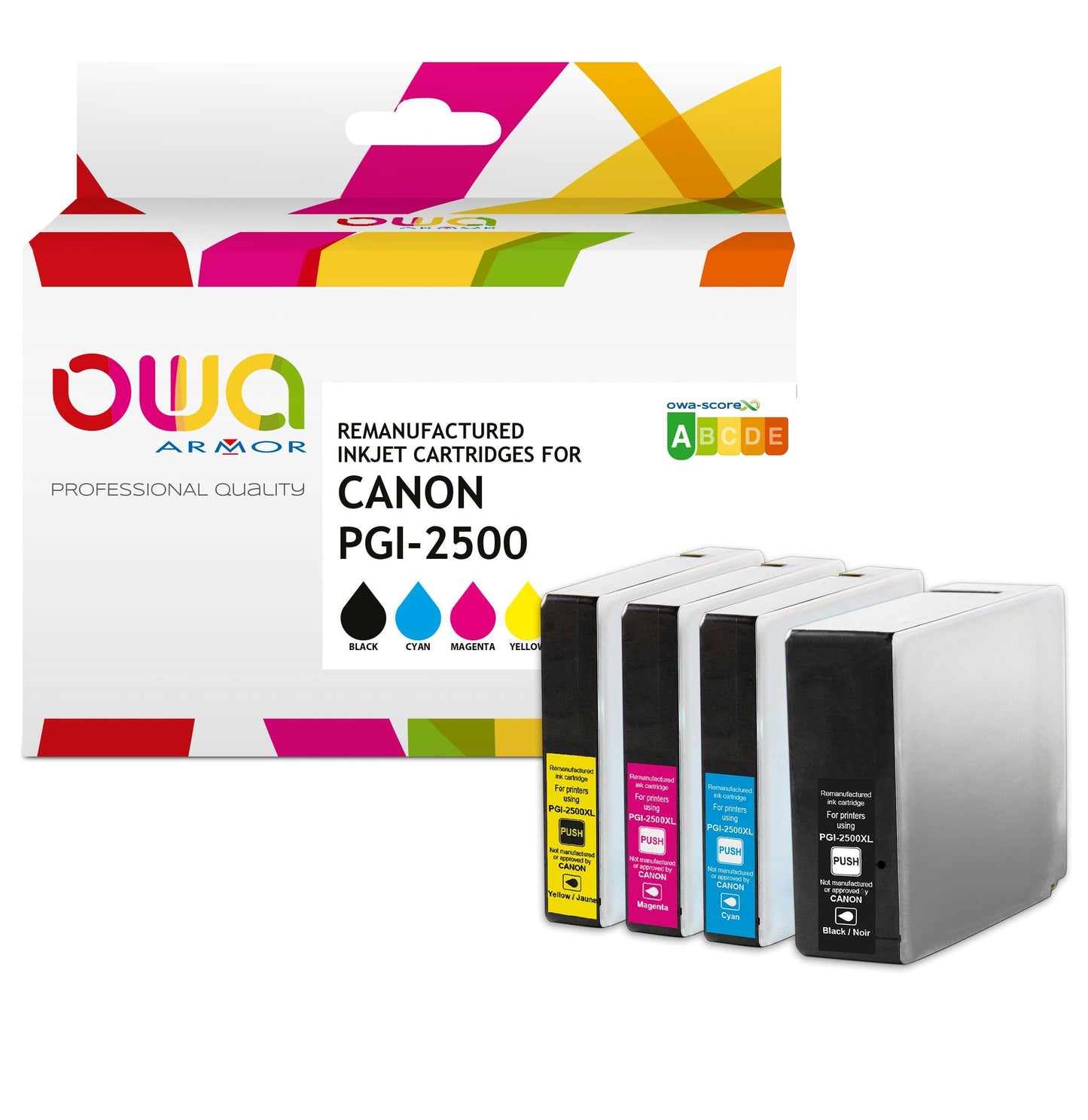 Pack4 - CANON PGI-2500XL - cartouches d'encre remanufacturées OWA pour CANON - haute capacité - 1x Noir 1x Cyan 1x Magenta 1x Jaune - Cartouchify