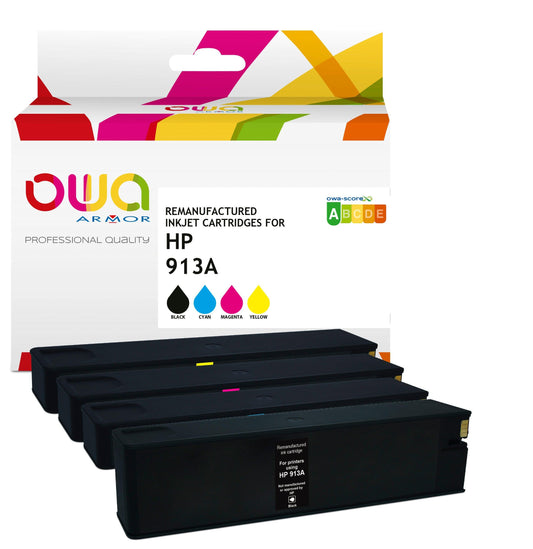 Pack4 - HP 913A - cartouches d'encre remanufacturées OWA pour HP - 1x Noir 1x Cyan 1x Magenta 1x Jaune - Cartouchify