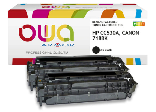 Pack3 - HP CC530A, CANON 718BK - toner remanufacturé OWA pour HP et CANON - 2x Noir - Cartouchify