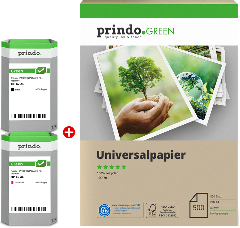 Compatible avec HP 62XL Pack 4 Couleurs + papier 500 feuilles