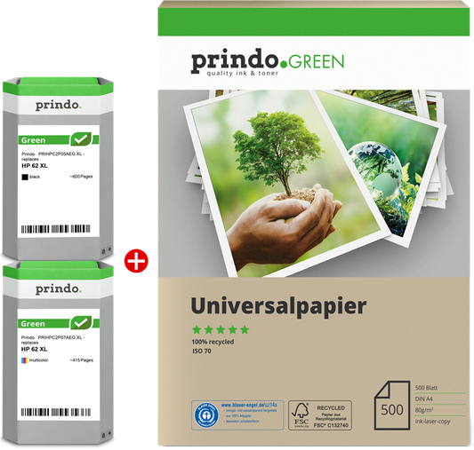 Compatible avec HP 62XL Pack 4 Couleurs + papier 500 feuilles