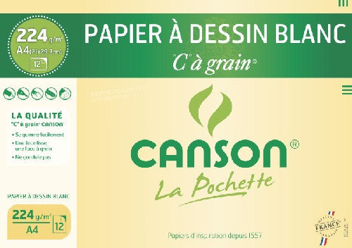 CANSON Papier à dessin "C" à grain, A4, 224 g/m2, blanc
