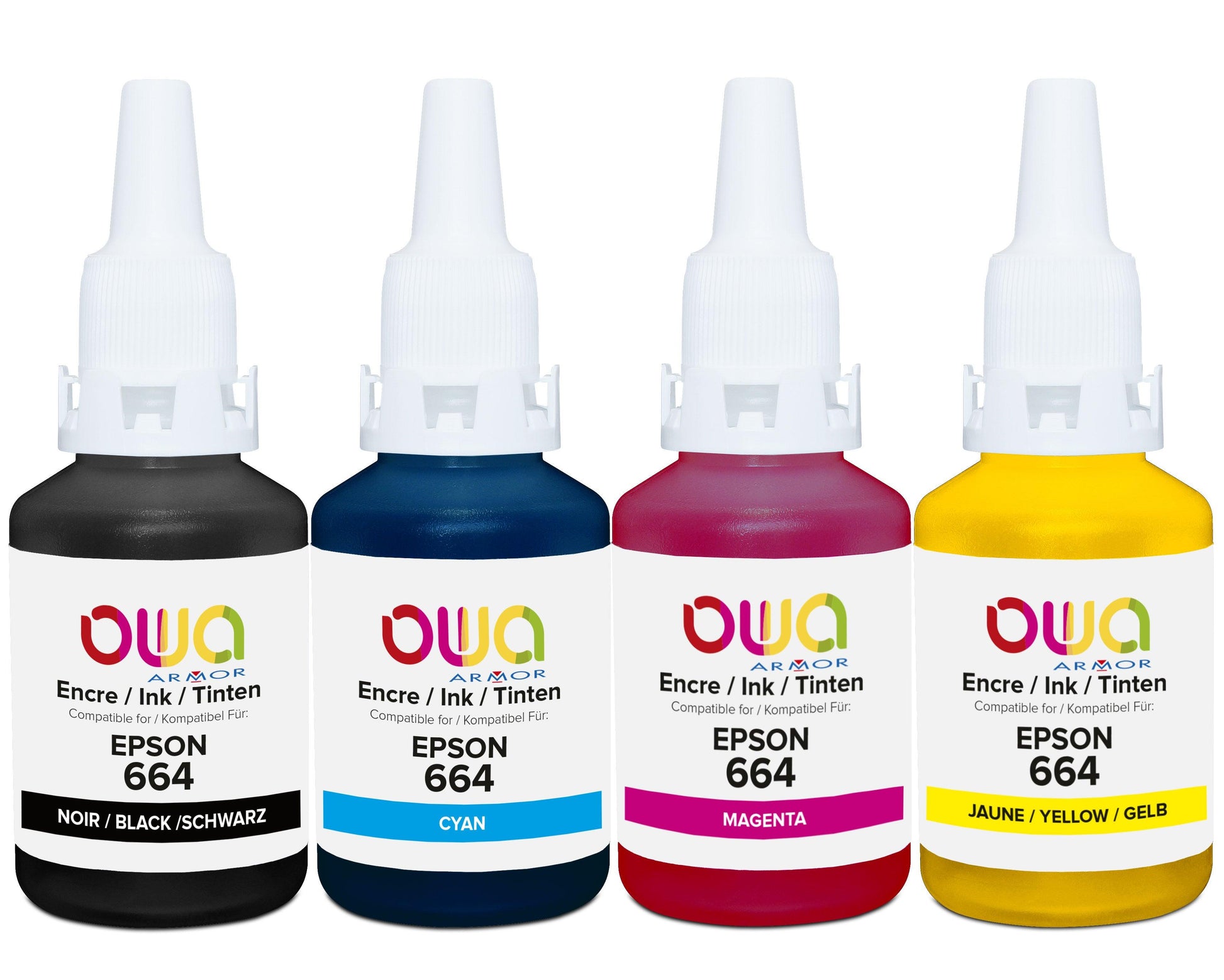 Pack4 - EPS 664 - bouteilles d'encre compatibles OWA - 1x Noir 1x Cyan 1x Magenta 1x Jaune - Cartouchify