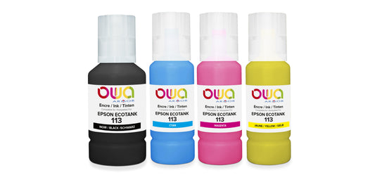 Pack4 - EPSON 113 - bouteilles d'encre compatibles OWA - 1x Noir 1x Cyan 1x Magenta 1x Jaune - Cartouchify