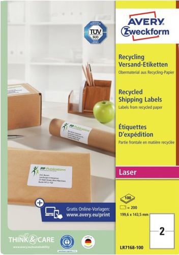 Étiquettes AVERY d'expédition recyclées 199,6x143,5mm (LR7168-100) Blanc