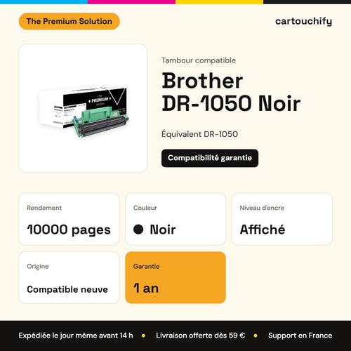 Brother DR-1050 Noir The Premium Solution : rendement 10000 pages, garantie 1 an