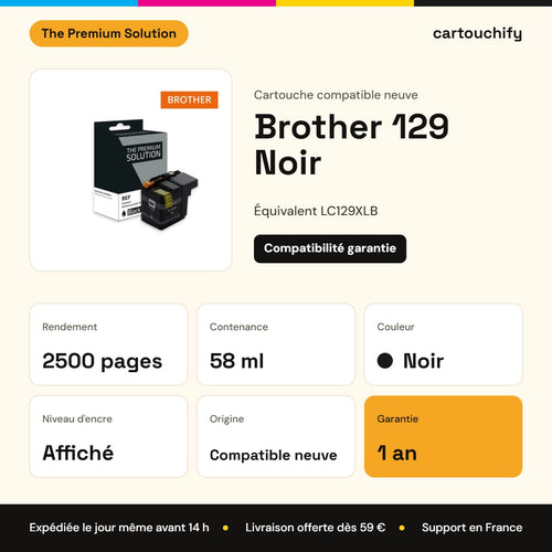 Brother 129 Noir The Premium Solution : rendement 2500 pages, 58 ml, garantie 1 an