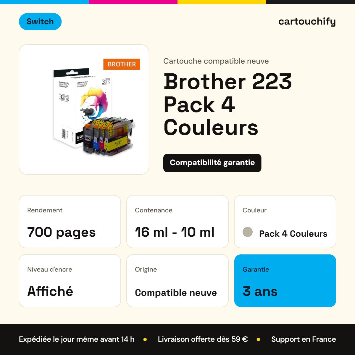 Brother 223 Cartouche Pack 4 Couleurs compatible équivalent à LC223 · Switch : caractéristiques
