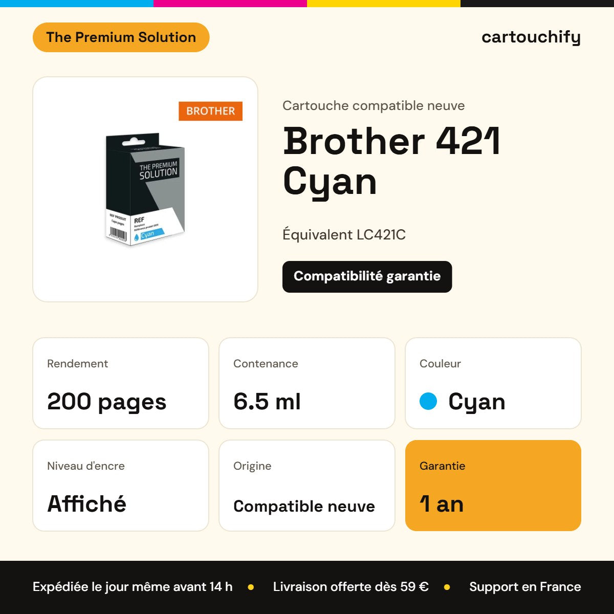 Brother 421 Cyan The Premium Solution : rendement 200 pages, 6.5 ml, garantie 1 an
