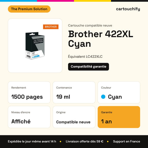 Brother 422XL Cyan The Premium Solution : rendement 1500 pages, 19 ml, garantie 1 an