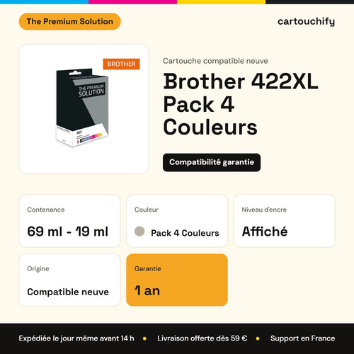 Brother 422XL Pack 4 Couleurs The Premium Solution : 69 ml - 19 ml, garantie 1 an