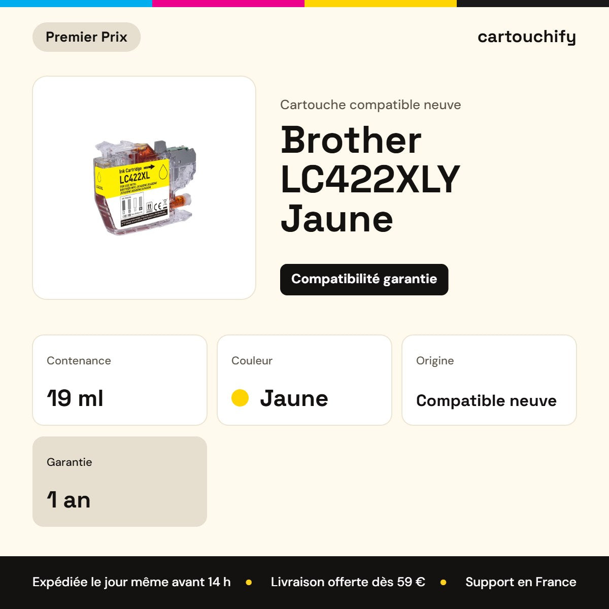 Brother LC422XLY Jaune Premier Prix : 19 ml, garantie 1 an