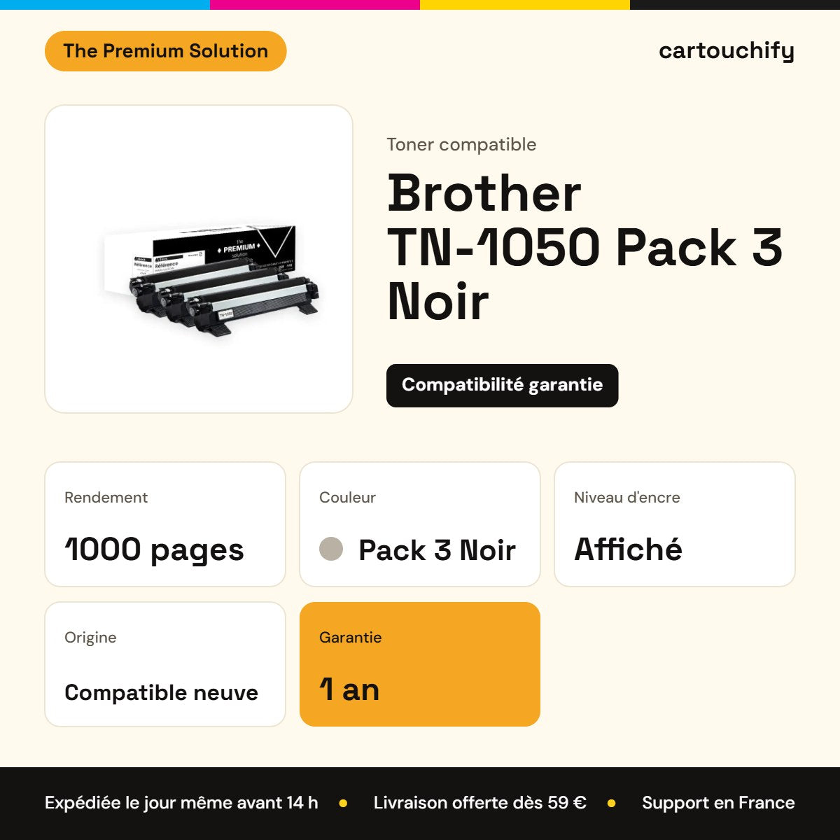 Brother TN-1050 Pack 3 Noir The Premium Solution : rendement 1000 pages, garantie 1 an
