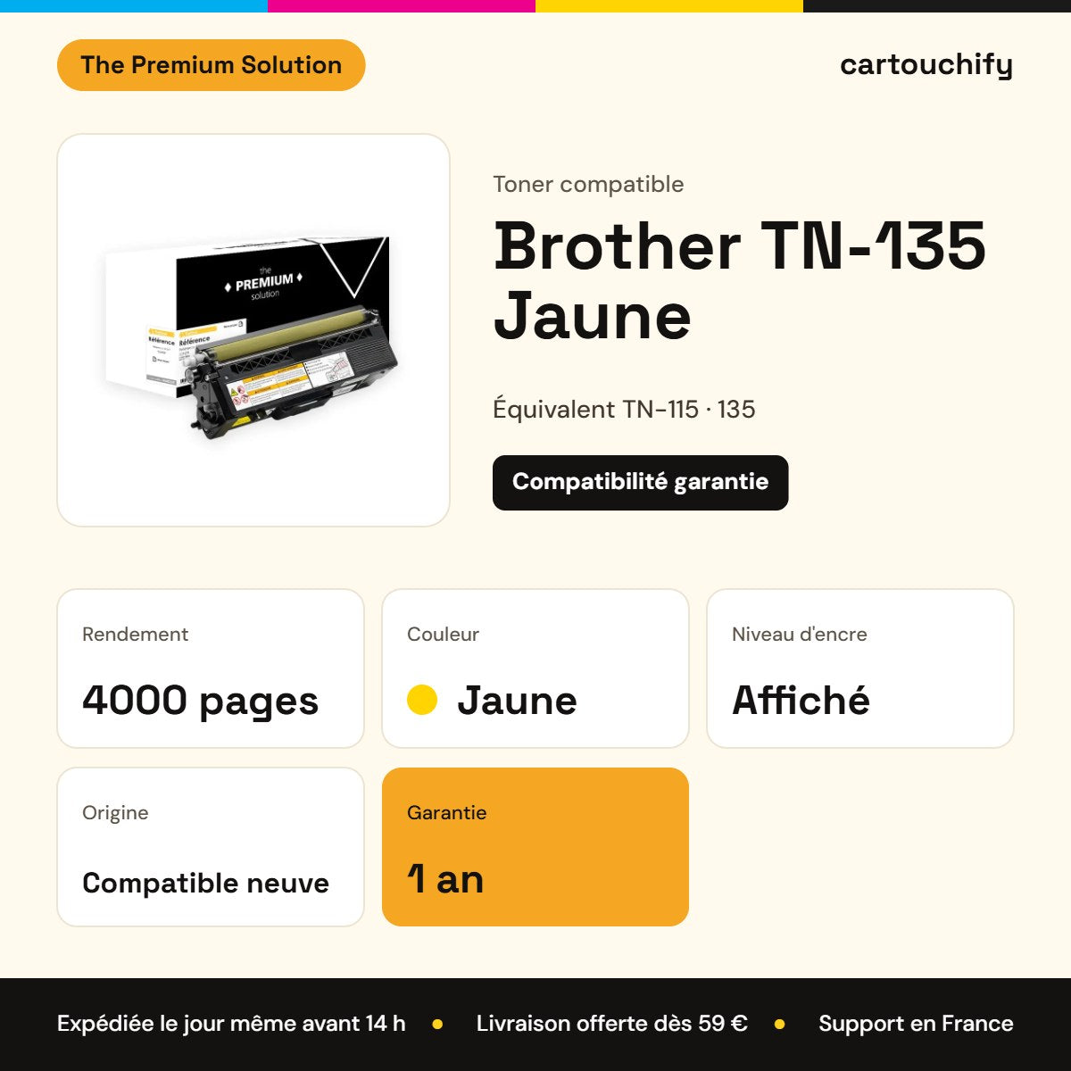Brother TN-135 Toner Jaune compatible équivalent à TN-115, 135, 155 : caractéristiques