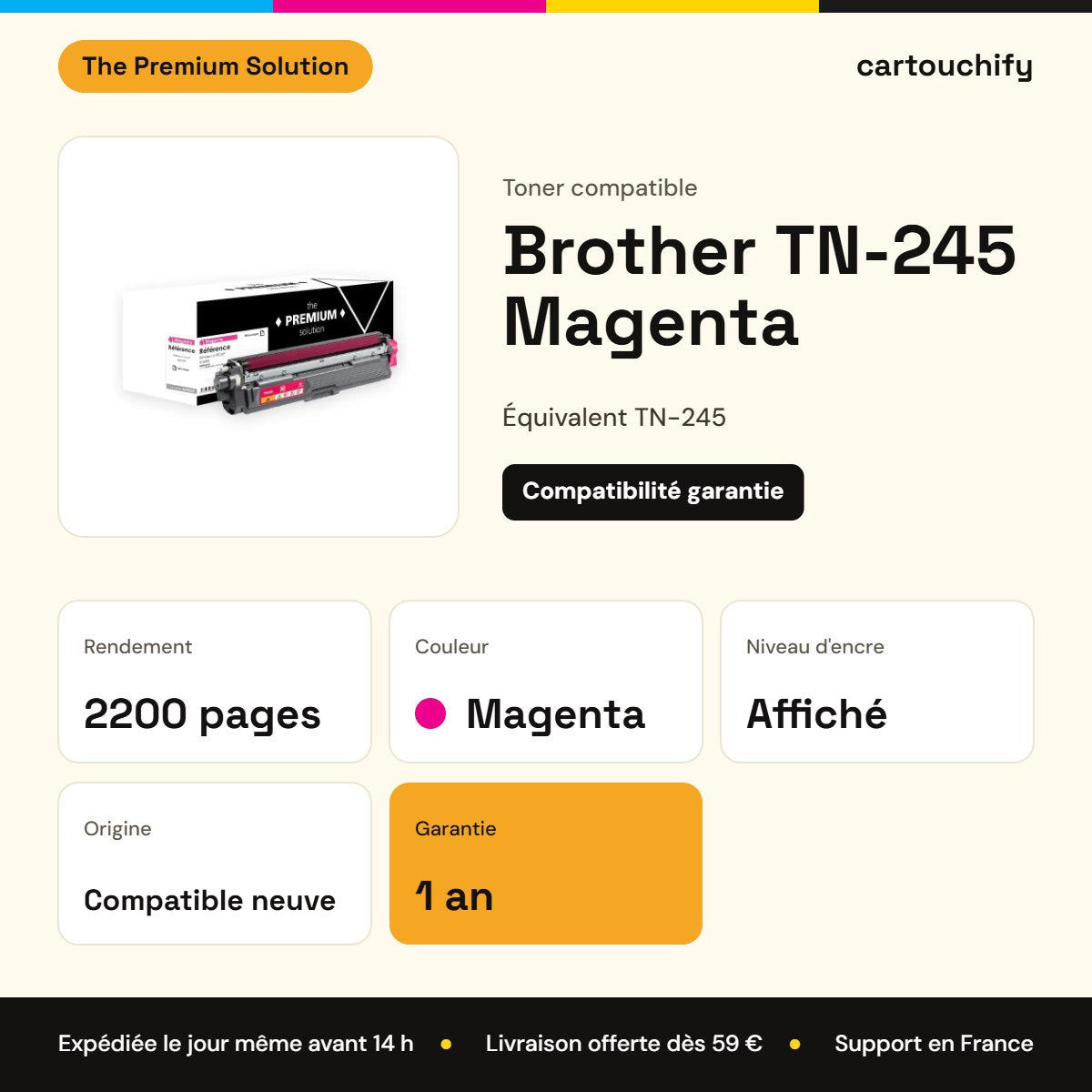 Brother TN-245 Magenta The Premium Solution : rendement 2200 pages, garantie 1 an
