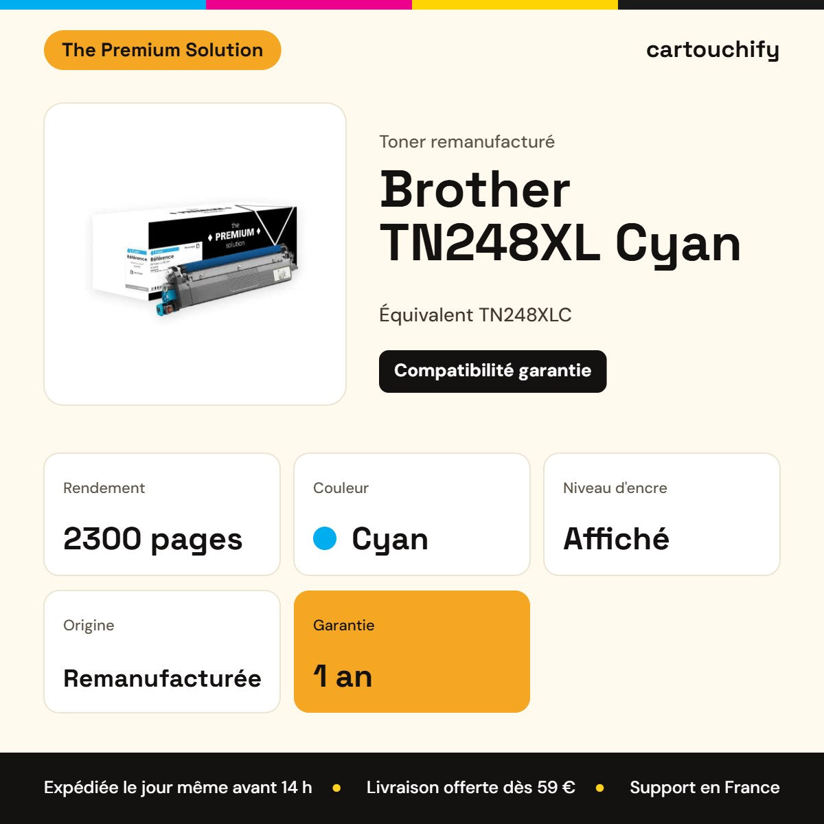 Brother TN248XL Toner Cyan remanufacturé équivalent à TN248XLC : caractéristiques