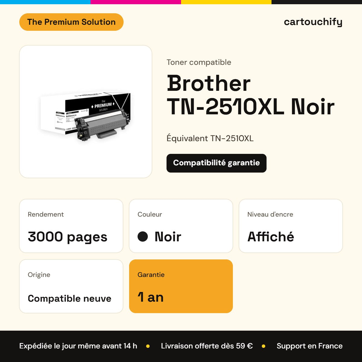 Brother TN-2510XL Noir The Premium Solution : rendement 3000 pages, garantie 1 an