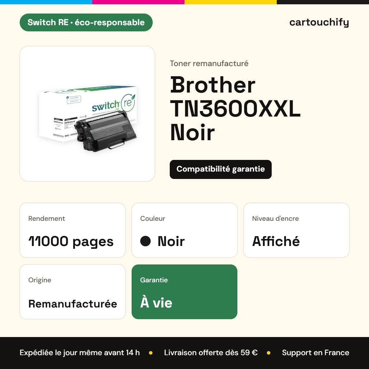 Brother TN3600XXL Toner Noir remanufacturé · Switch RE : caractéristiques