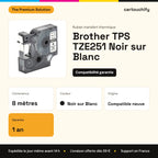 Brother TPS TZE251 Ruban transfert thermique Noir sur Blanc compatible équivalent à TZE251 24mm : caractéristiques