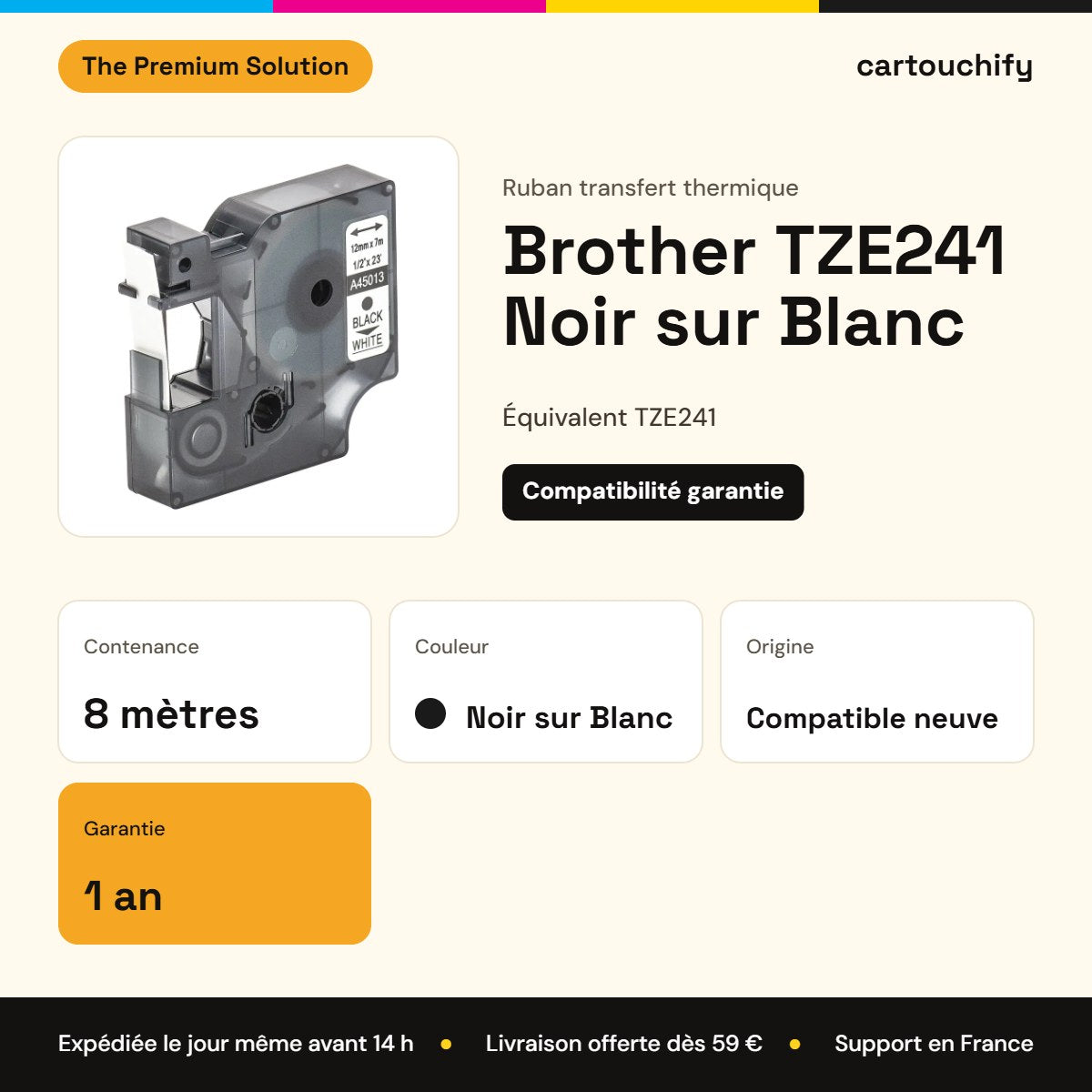 Brother TZE241 Ruban transfert thermique Noir sur Blanc compatible : caractéristiques