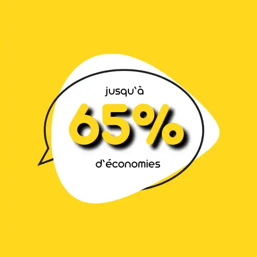 Bulbe de parole jaune avec contour noir et intérieur blanc, affichant ‘up to 65% savings’ en texte gras.