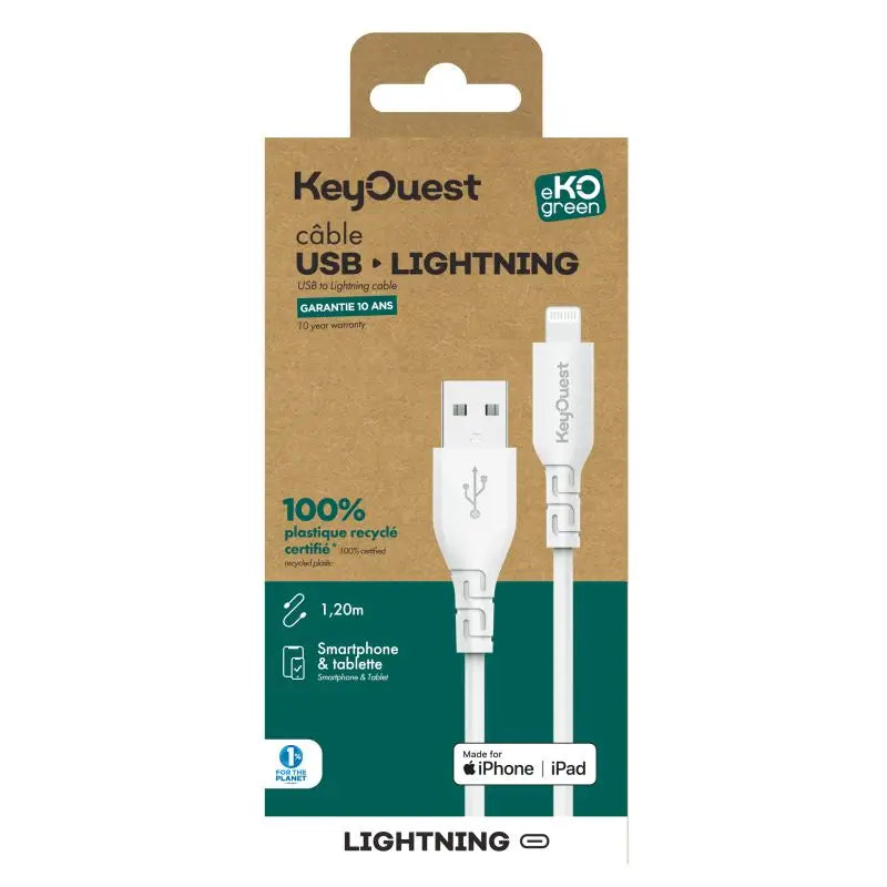 Câble eKOgreen recyclé Lightning 2.4A - 1,20m - Blanc