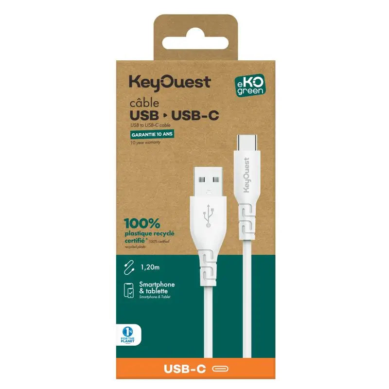 Câble eKOgreen recyclé USB-C 3A - 1.20m - Blanc