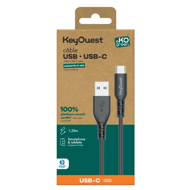 Câble eKOgreen recyclé USB-C 3A - 1.20m - Noir