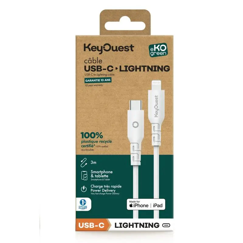 Câble eKOgreen recyclé USB-C/Lightning 2.4A - 3m - Blanc