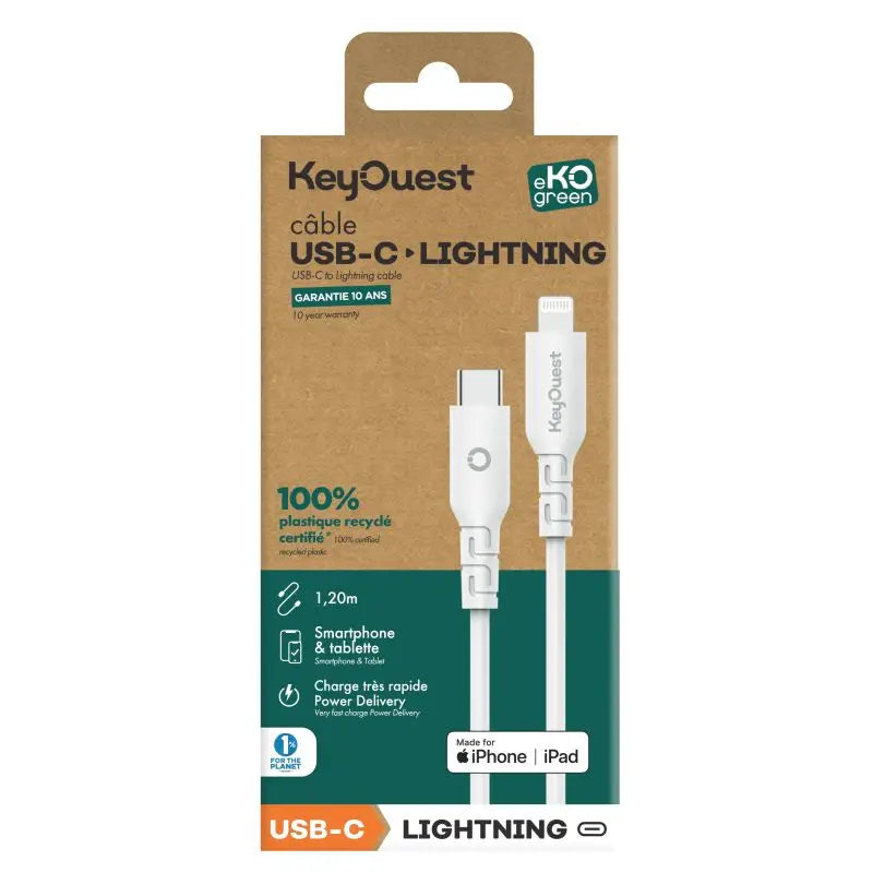 Câble eKOgreen recyclé USB-C/Lightning 3A / 60W - 1,20m - Blanc