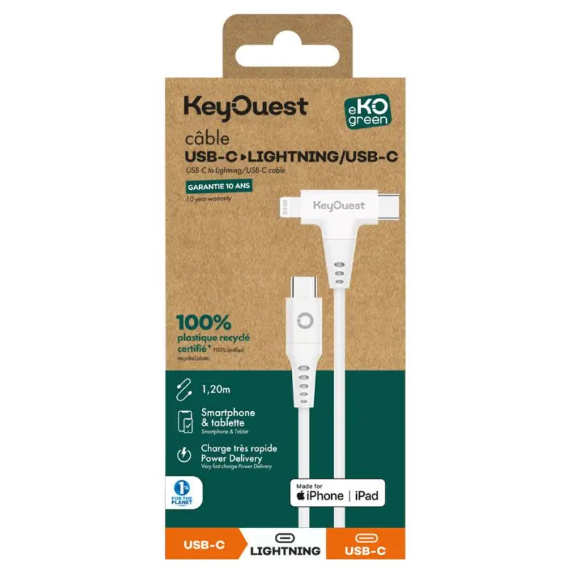 Câble eKOgreen recyclé USB-C/Lightning (MFi 2 en 1) 3A - 1,20m - Blanc