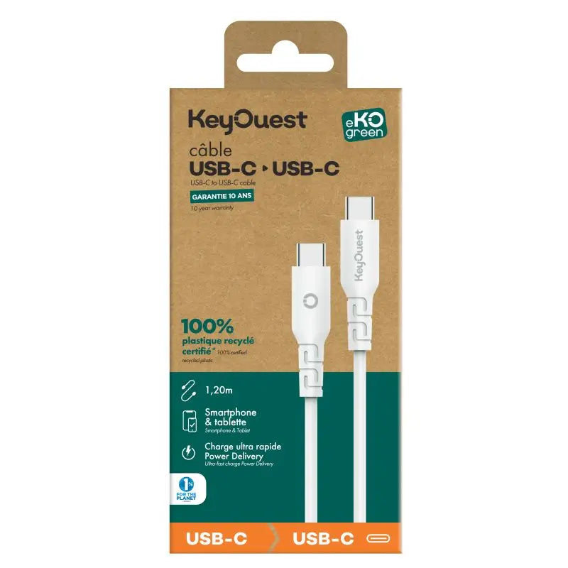 Câble eKOgreen recyclé USB-C/USB-C 3A / 60W - 1,20m - Blanc