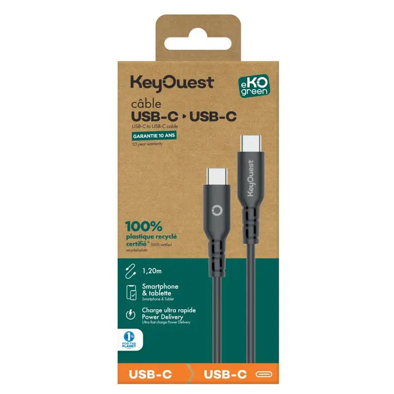 Câble eKOgreen recyclé USB-C/USB-C 3A / 60W - 1,20m - Noir