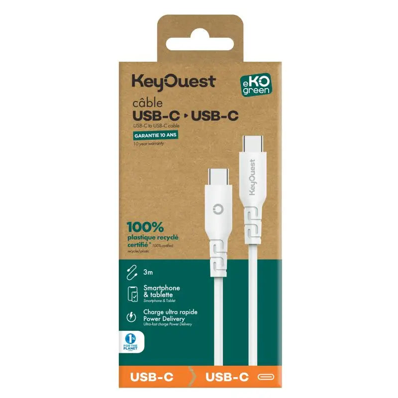Câble eKOgreen recyclé USB-C/USB-C 3A / 60W - 3m - Blanc