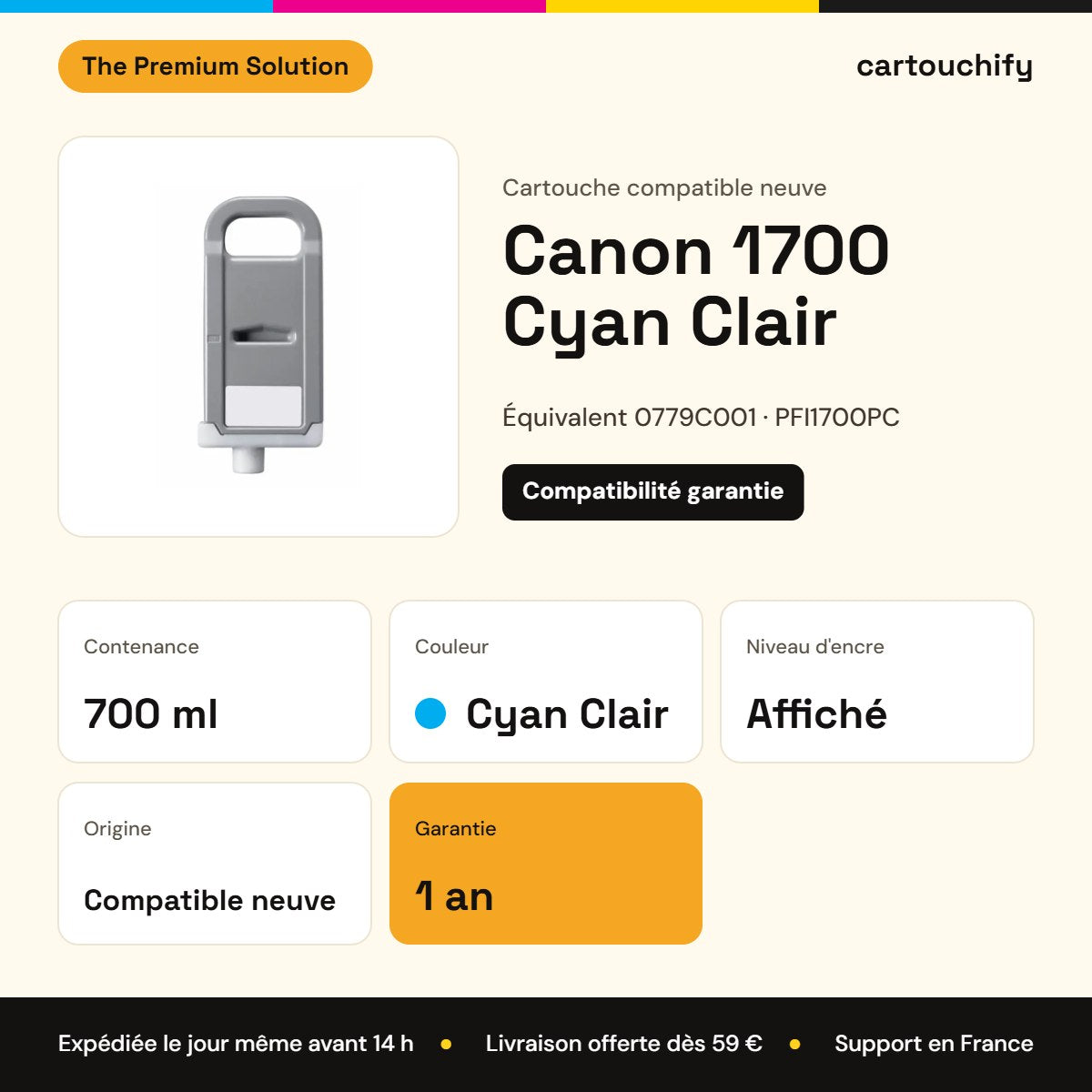 Canon 1700 Cartouche Light Cyan compatible équivalent à 0779C001, PFI1700PC : caractéristiques