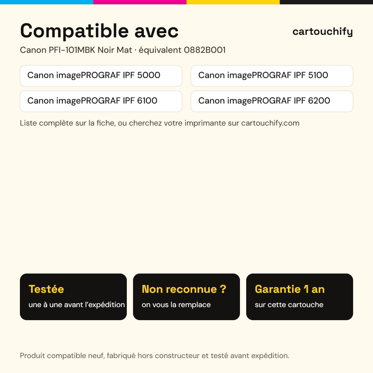 Imprimantes compatibles avec Canon PFI-101MBK Cartouche Noir mat compatible équivalent à 0882B001