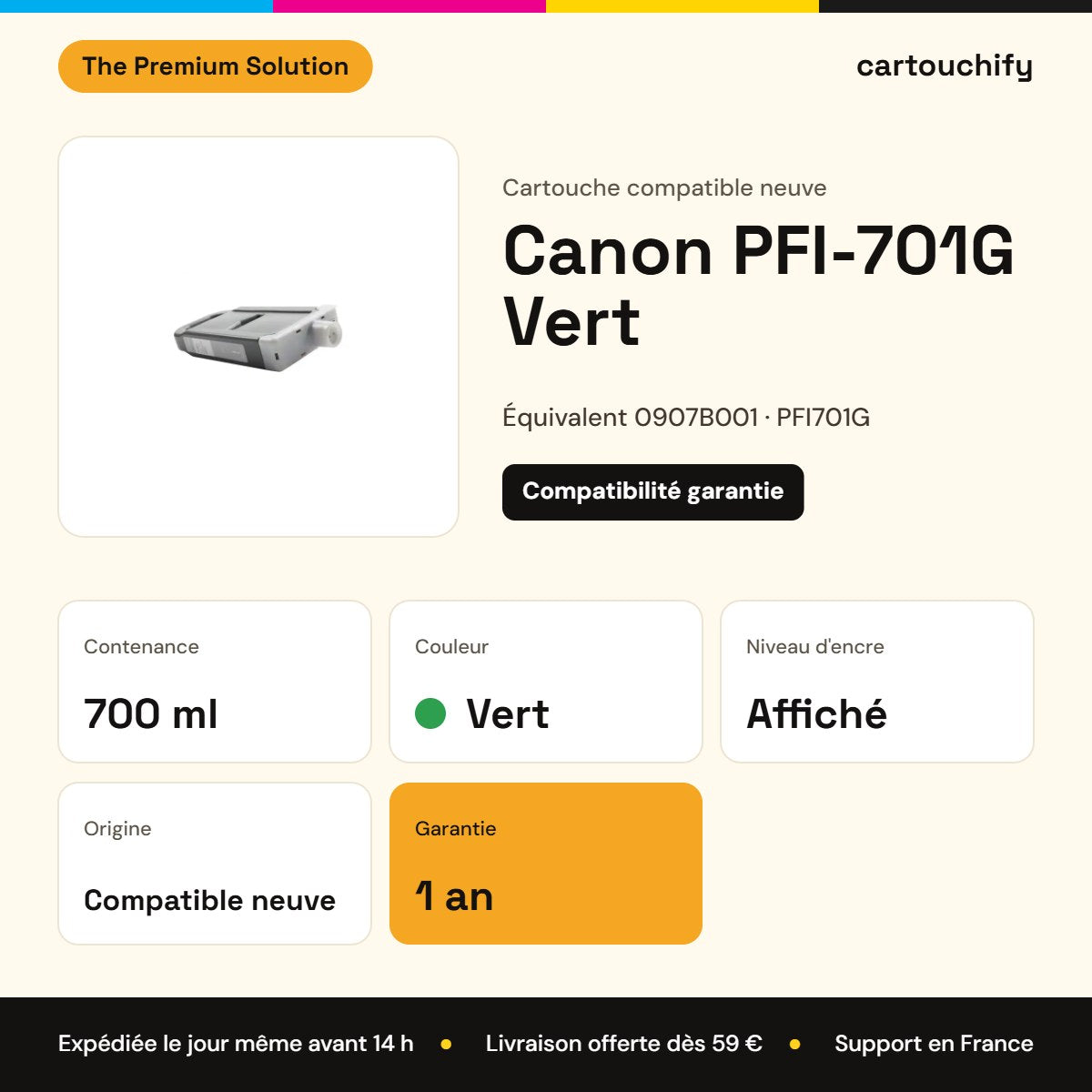Canon PFI-701G Cartouche Vert compatible équivalent à 0907B001 : caractéristiques