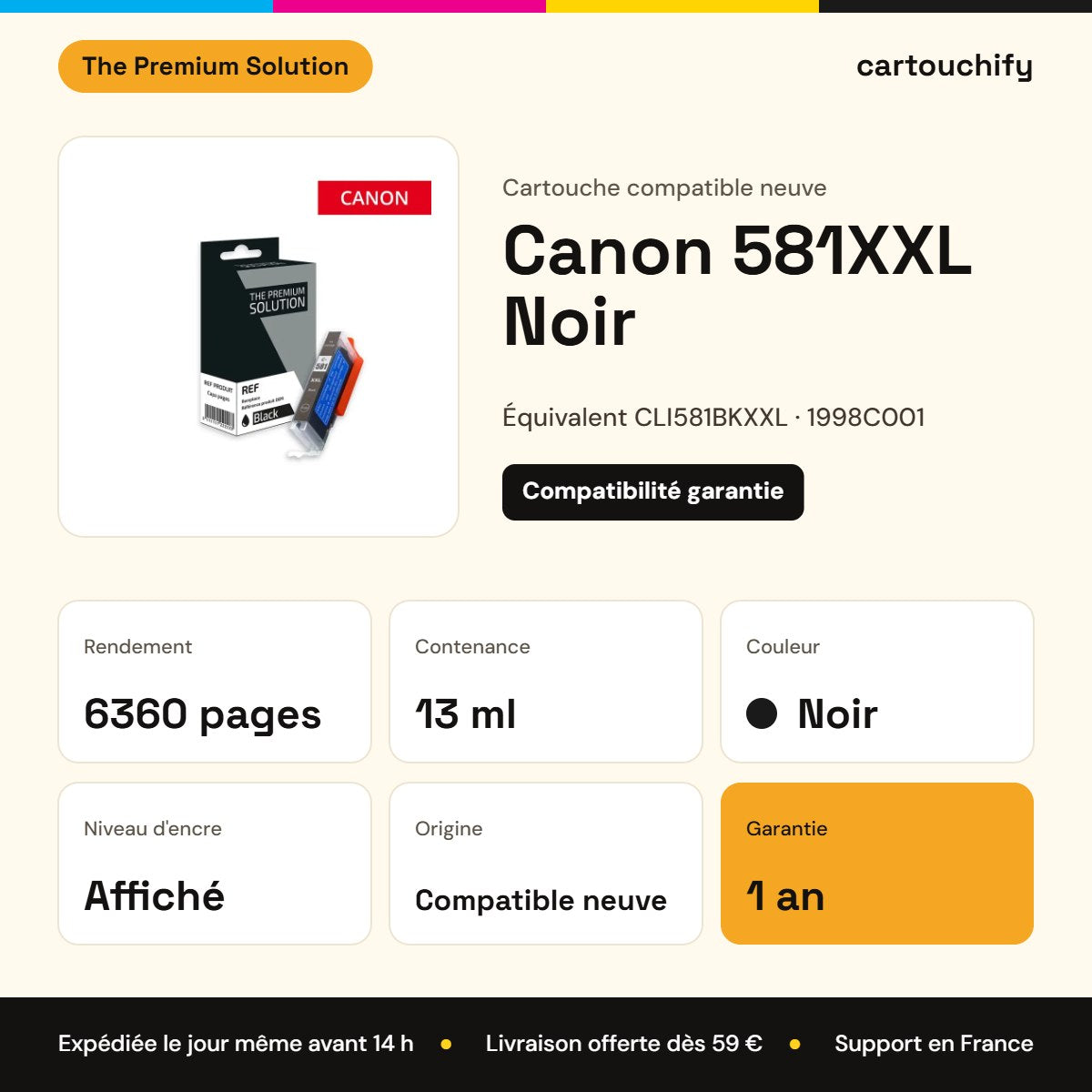 Canon 581XXL Cartouche Noir compatible équivalent à CLI581BKXXL, 1998C001 : caractéristiques