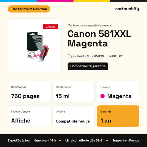 Canon 581XXL Magenta The Premium Solution : rendement 760 pages, 13 ml, garantie 1 an