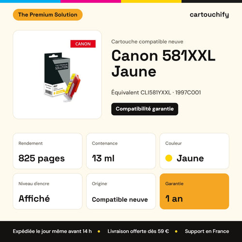 Canon 581XXL Jaune The Premium Solution : rendement 825 pages, 13 ml, garantie 1 an