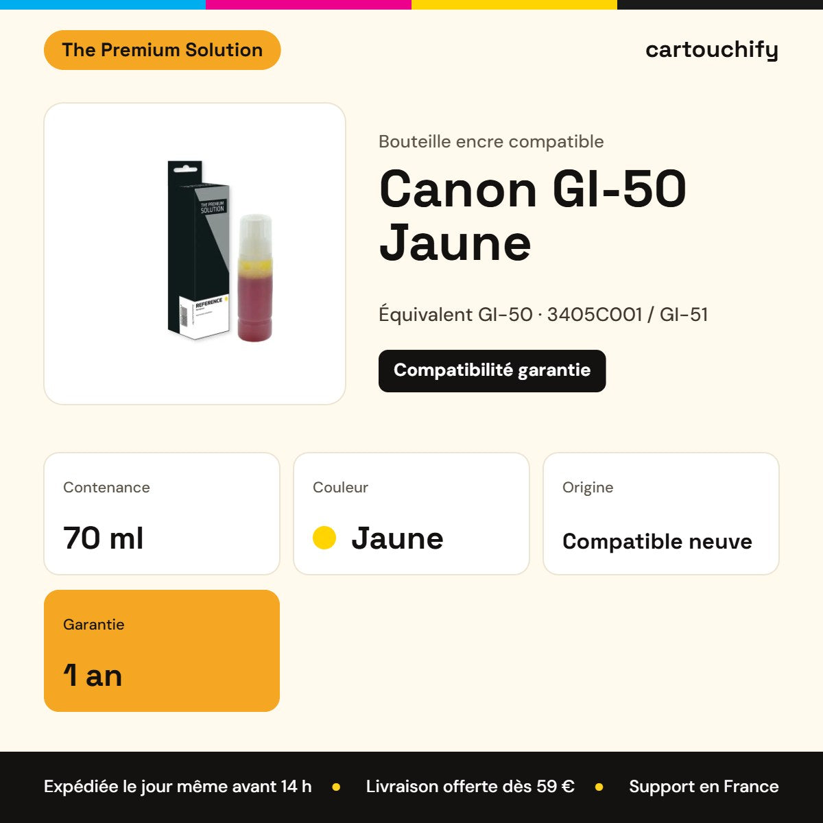 Canon GI-50 Bouteille encre Jaune compatible équivalent à 3405C001, GI-51 : caractéristiques