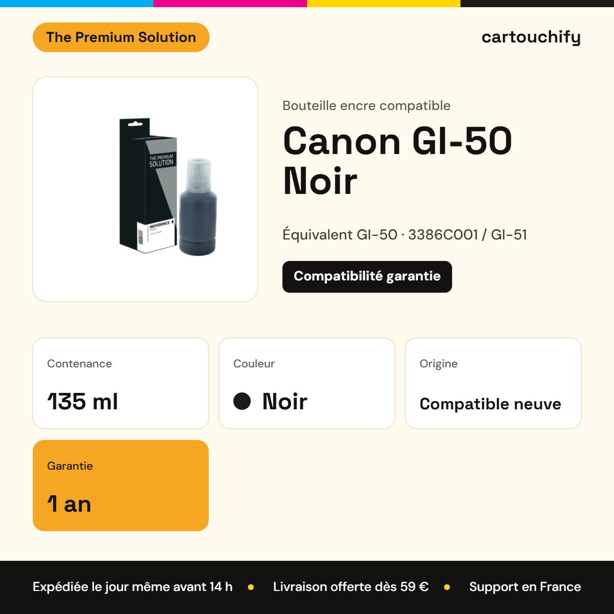 Canon GI-50 Bouteille encre Noir compatible équivalent à 3386C001, GI-51 : caractéristiques