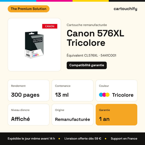 Canon 576XL Tricolore The Premium Solution : rendement 300 pages, 13 ml, garantie 1 an