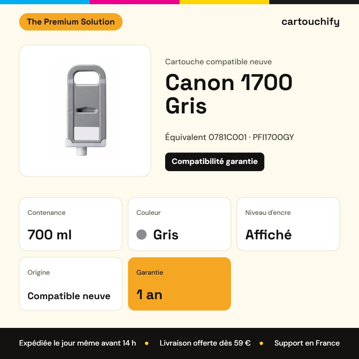 Canon 1700 Cartouche Gris compatible équivalent à 0781C001, PFI1700GY : caractéristiques