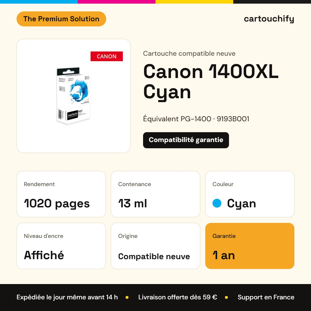 Canon 1400XL Cartouche Cyan compatible équivalent à PG-1400, 9193B001 : caractéristiques