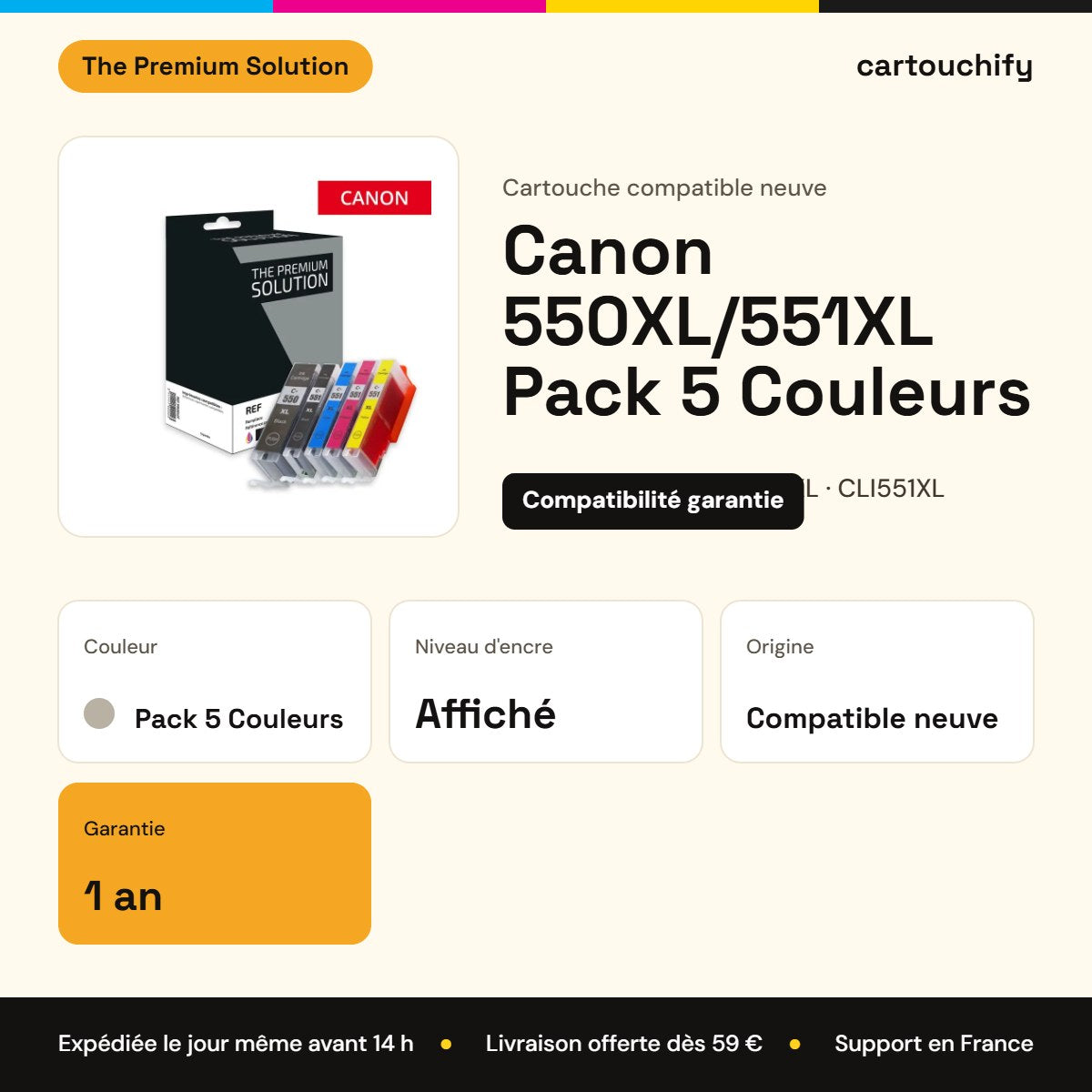 Canon 550XL/551XL Cartouche Pack 5 Couleurs compatible équivalent à PGI550PGBKXL, CLI551XL : caractéristiques
