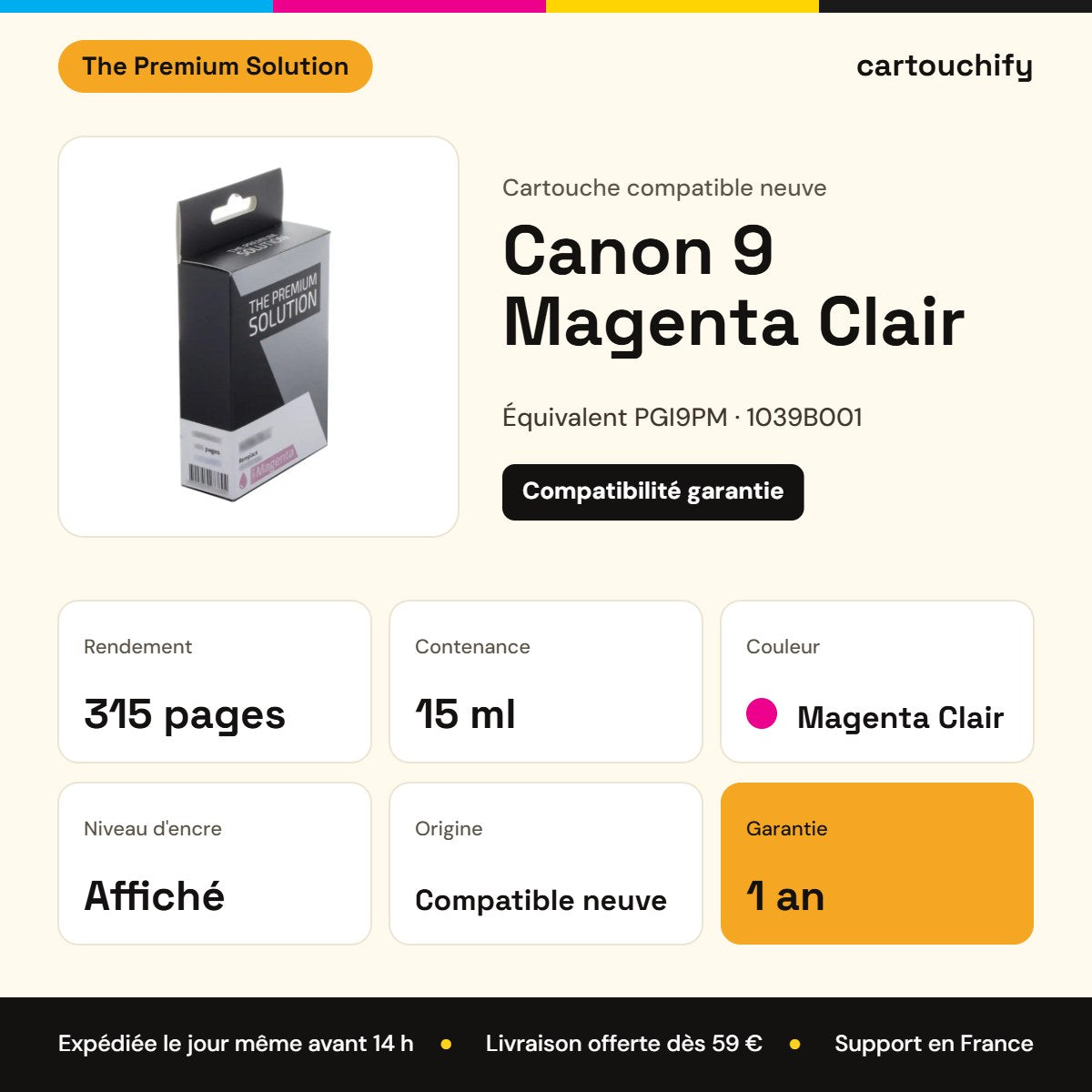 Canon 9 Cartouche Photo Magenta compatible équivalent à PGI9PM, 1039B001 : caractéristiques