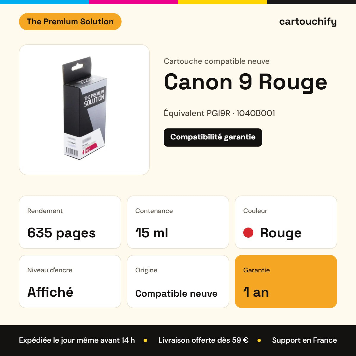Canon 9 Cartouche Red compatible équivalent à PGI9R, 1040B001 : caractéristiques