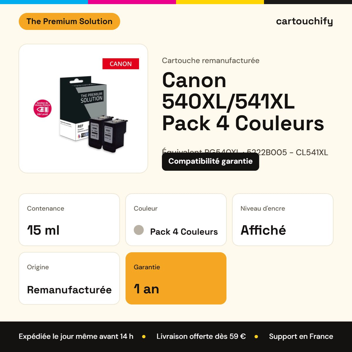 Canon 540XL/541XL Cartouche Pack Noir + Couleur remanufacturé avec niveau d'encre équivalent à 540XL, 5222B005, 541XL : caractéristiques